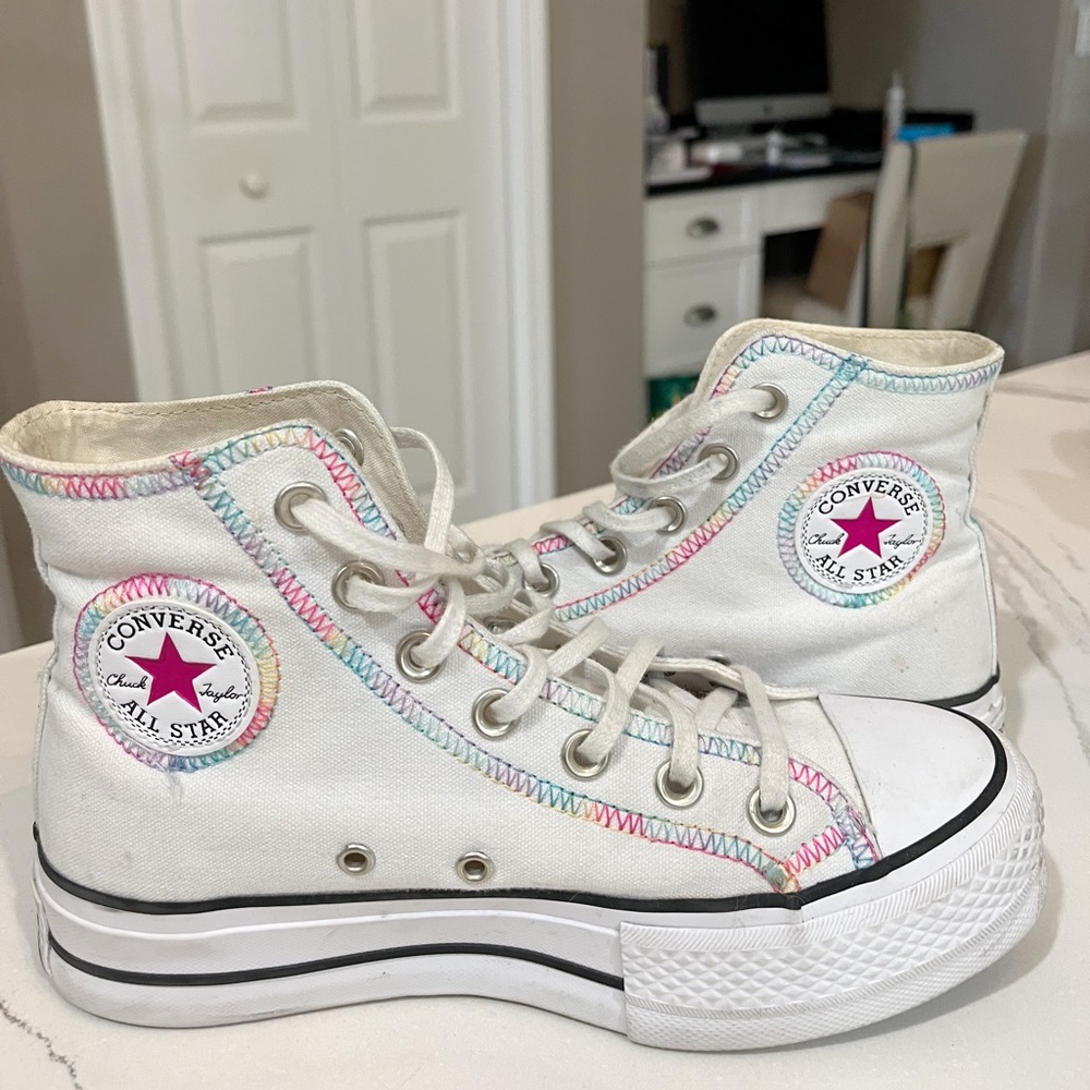 platform high too converse with rainbow stitching